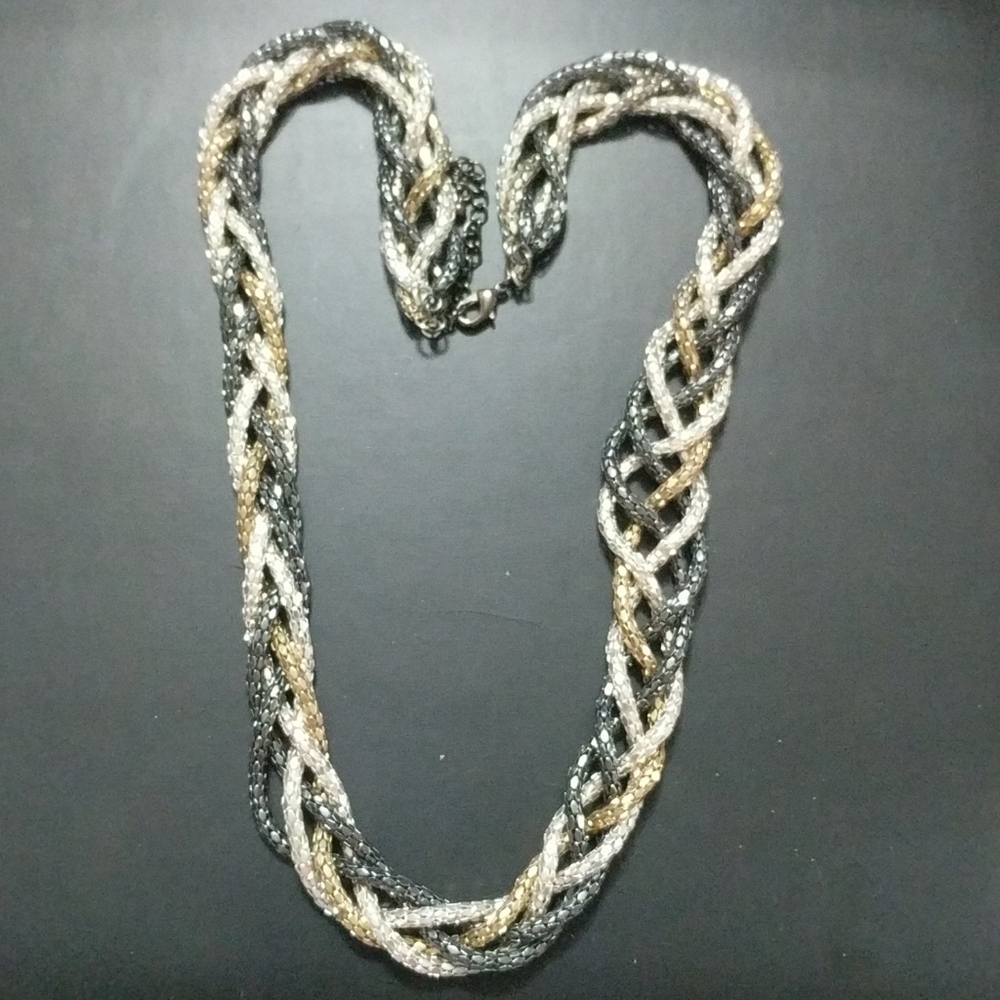 𝅺Gold Silver Gunmetal Black Tone Braided Chain Statement Necklace